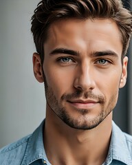 Obraz premium anime, Close-up portrait of a handsome man with striking features and a confident expression, well-groomed, piercing eyes, captivating smile