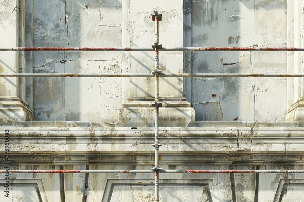 Poster a building with scaffolding on it