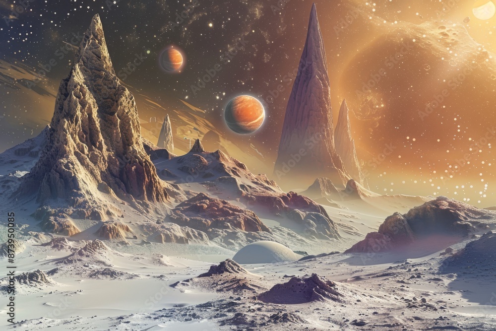 Poster the terrain of an alien planet in deep space with mountains and a giant moon in the distance. an ext