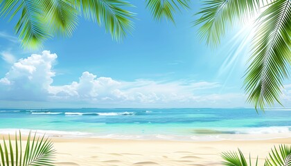 Beautiful Summer Beach Background with Palm Leaves and Ocean View 