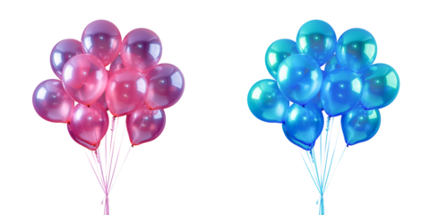 Semi-transparent pink and blue balloon compositions, isolated