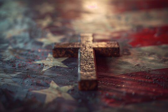 Christian cross over waving flag of united states of America. Generative Ai