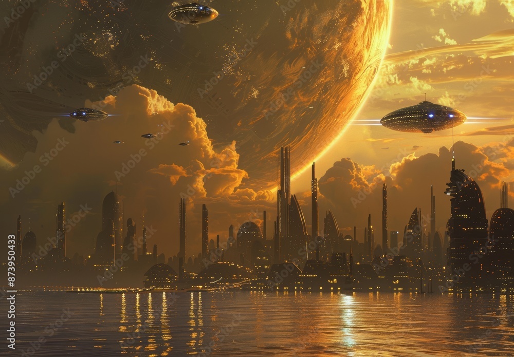 Poster imaginary alien planet with towers and spaceships in computer art