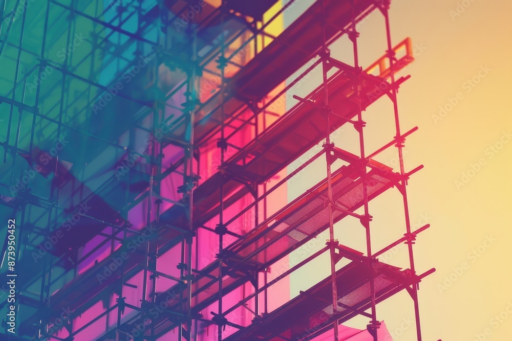 Poster a colorful building with scaffolding on it