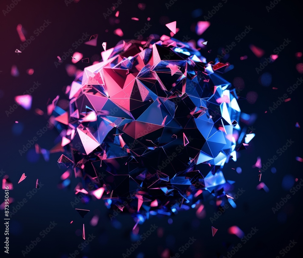 Poster 3d rendering of a low poly sphere with a chaotic structure. sci-fi background with polygonal shapes 
