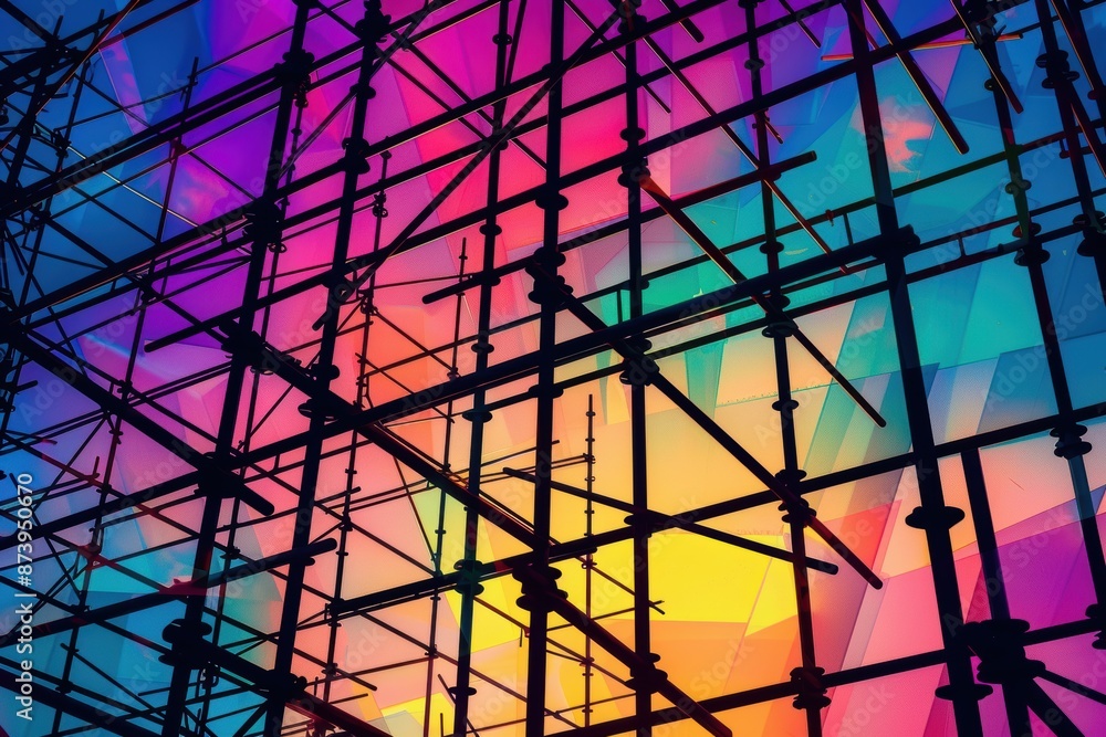 Poster a colorful building with scaffolding on it