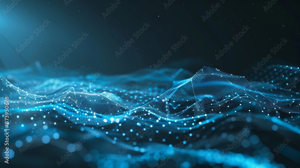 Poster this is an abstract futuristic 3d rendering with glowing lines and particles on a dark blue backgrou