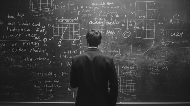 back view of businessman with math equations on black board