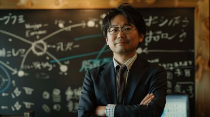 Japanese businessman smiling with math equations on black board
