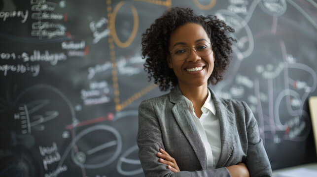 black businesswoman smiling with math equations on black board