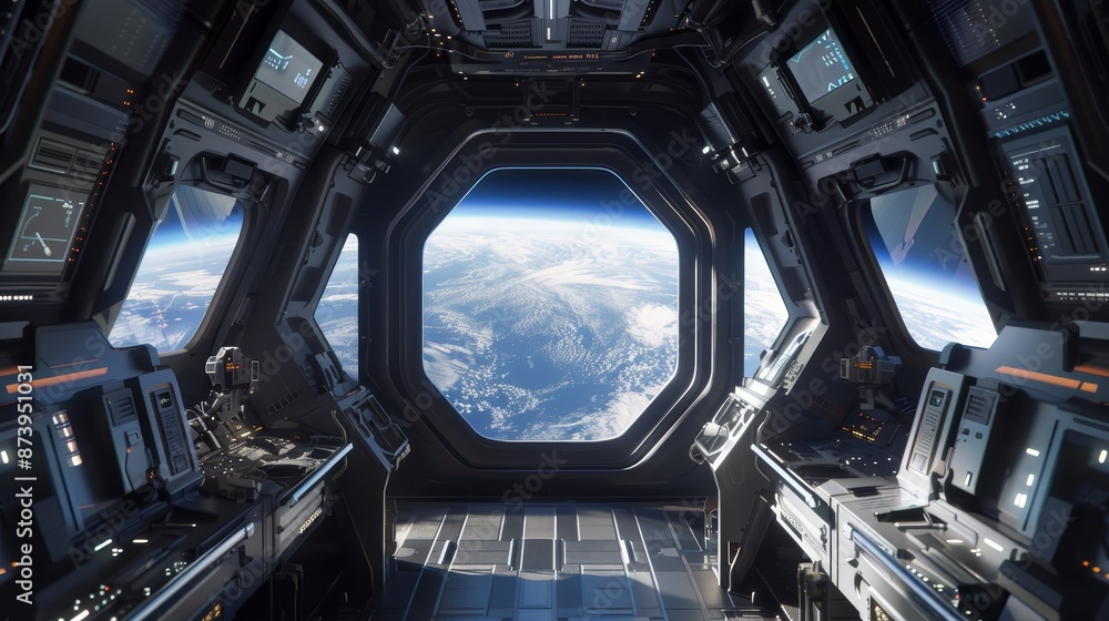 Poster futuristic spaceship with large window view of the planet earth, surrounded by glowing blue and red 