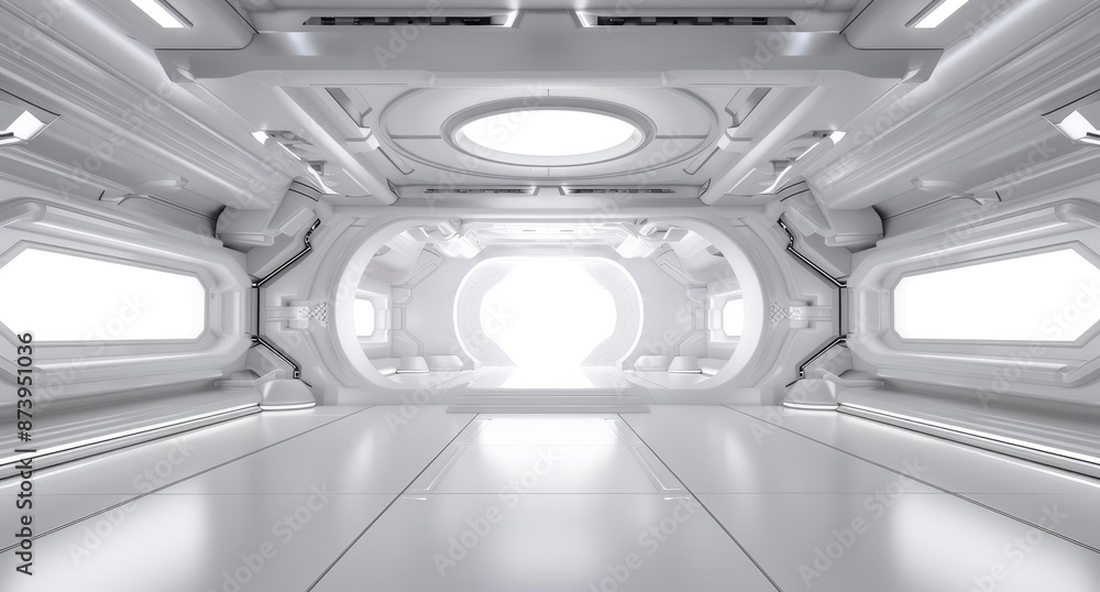 Poster conceptual 3d scene of futuristic interior with empty stage. future technology sci-fi hi-tech backgr