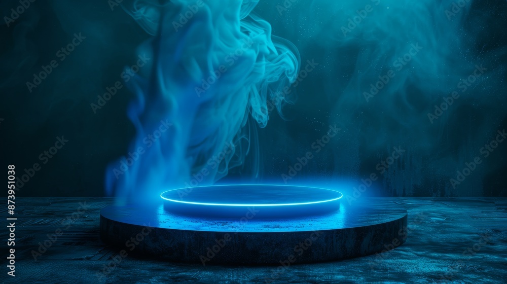Poster the image is rendered in 3d and represents a sci-fi mech circle shape pedestal with glowing leds and