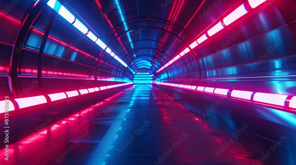 Poster rendering of curved tunnel with led lighting on ceiling and reflection from puddle on wet dark stree