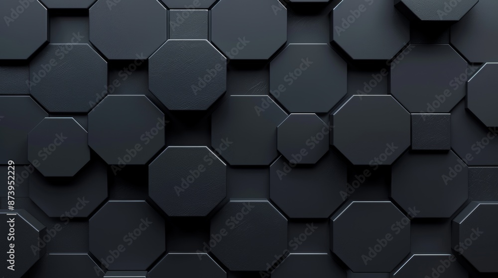 Poster 3D rendering of futuristic, high tech, dark background with hexagonal cellular structure.
