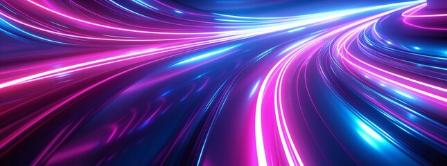 This is a 3D render of an abstract panoramic neon background with purple violet pink lines glowing in ultraviolet light.