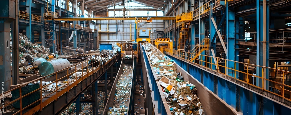 Poster automated recycling plant with sophisticated sorting machines processing waste for sustainable resou