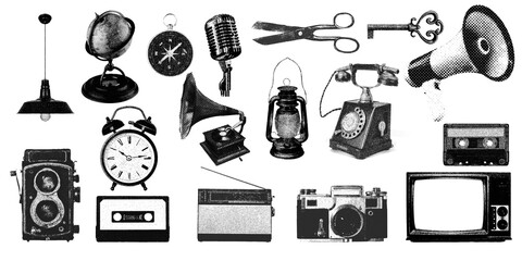 Set of retro halftone collage elements, halftone effect designs.