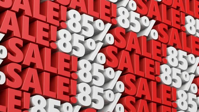 Discount sale 85% off red and white sign. 10% to 90% sale promotion for advertising, special offer, mega sale, hot deal, cyber week, black friday flash and flat sale. 