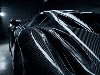 Stunning cinematic photo of sleek, glossy black carbon fiber pattern on a sports car.