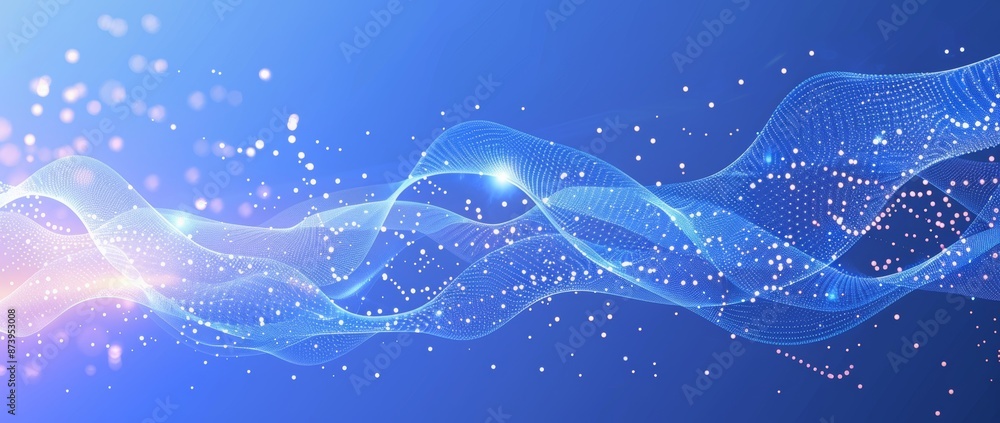 Poster an abstract illustration of dots and lines on a black background with a wave flow