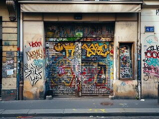 Front view of closed store shutter door with colorful graffiti art in the streets of Paris, showcasing urban street art and contemporary graffiti culture in a vibrant city environment.