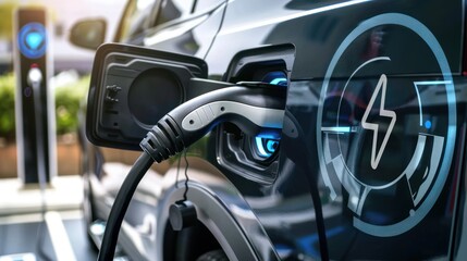 Fototapeta premium An electric vehicle charging at station with digital virtual blue energy icon illustrating eco friendly transportation and futuristic energy concept
