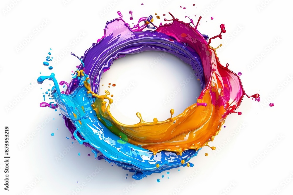 Poster curved wave colorful pattern with paint drops on a white background. abstract circle liquid motion f