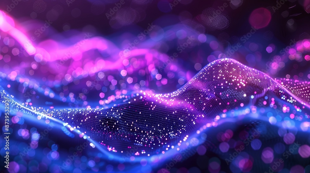 Poster 3d rendering of abstract digital data background. wave with moving dots. musical stream of sounds.
