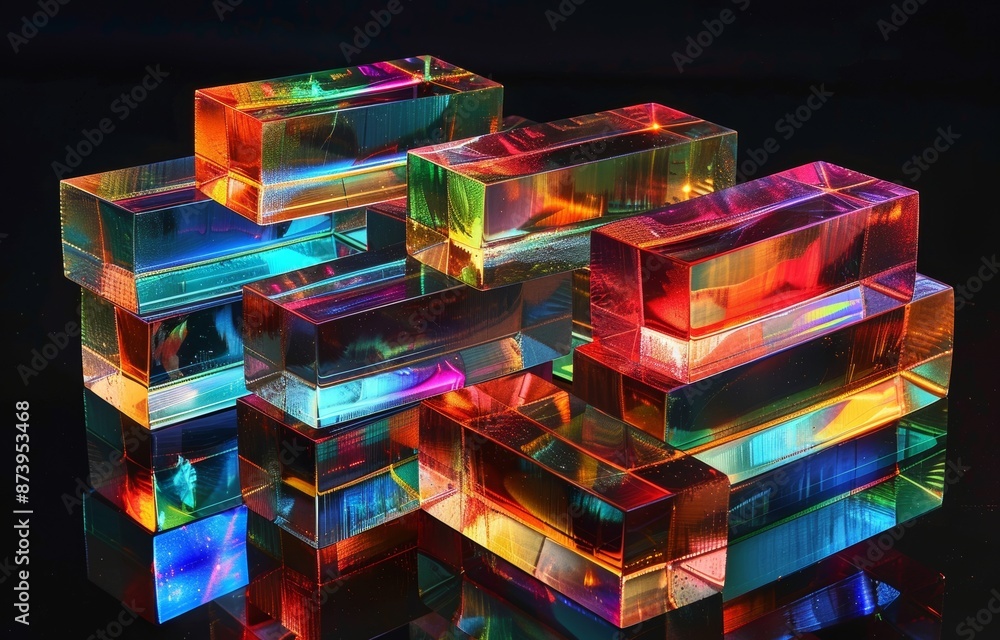Poster an abstract illustration of geometric shapes and structures in neon colors and lights in cyberspace 