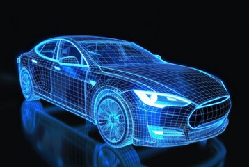 A blue wireframe holographic electric vehicle car with glowing lines illustrating futuristic transportation and technology concept