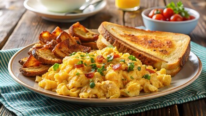 A delicious American breakfast featuring fluffy scrambled eggs, bacon, crispy hash browns, and toast , scrambled eggs