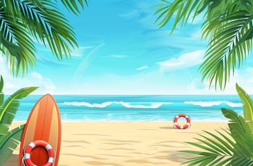 Summer Beach Background with Palm Leaves, Surfboard, and Lifebuoy