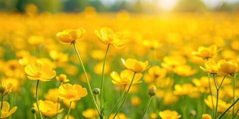 Fototapeta premium Bright field of yellow buttercups in a meadow, flowers, buttercups, yellow, bright, field, meadow, spring, nature, plant