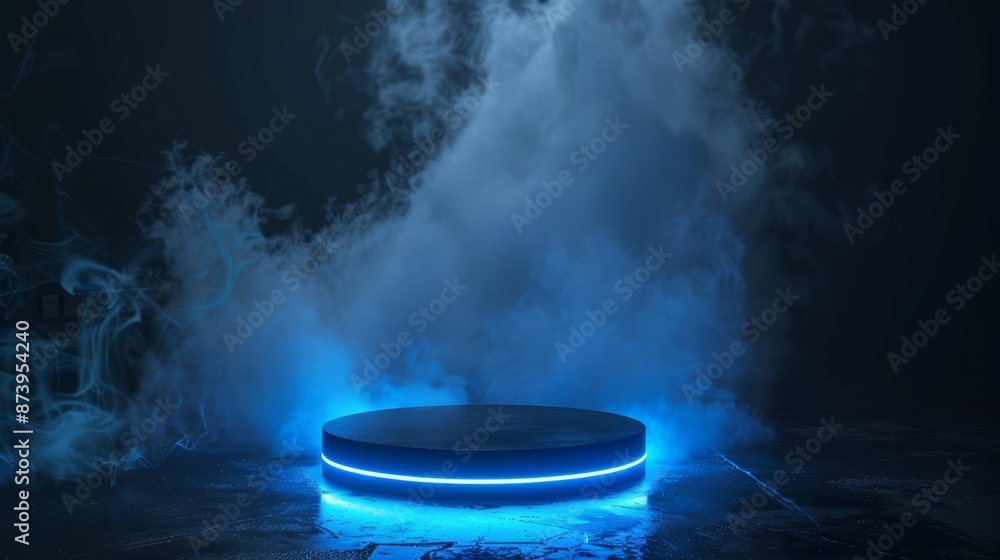 Poster this 3d rendering shows a sci fi technology pedestal with glowing led lights against a grungy dark f