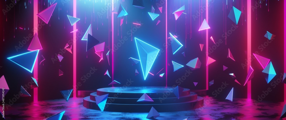 Wall mural Esports sci-fi gaming cyberpunk background, virtual reality simulation and metaverse, pedestal stage, 3D illustration rendering, futuristic neon glow room with abstract backdrop