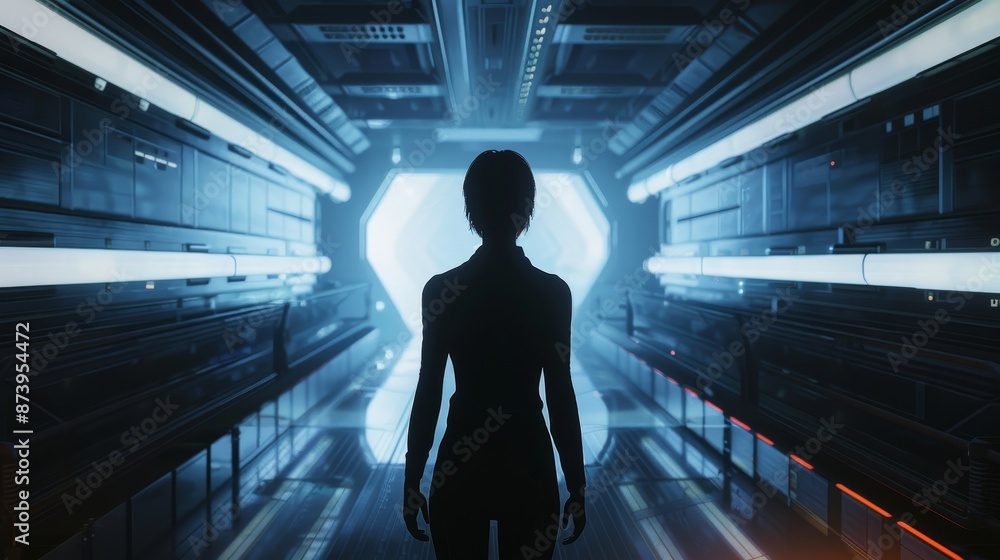 Poster imaginary sci-fi scene with a girl holding a gun, walking along a dark corridor with a red light. 3d