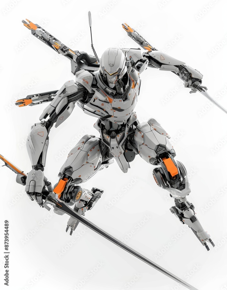 Poster robot holding two swords in a fighting position. mech is flying and jumping. white and gray color sc