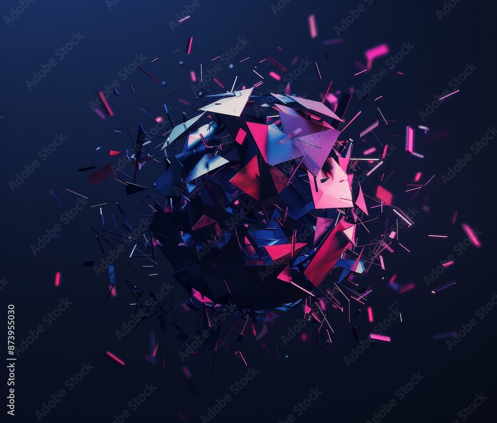 Poster futuristic 3d rendering of low poly sphere with chaotic structure on a scifi background with polygon