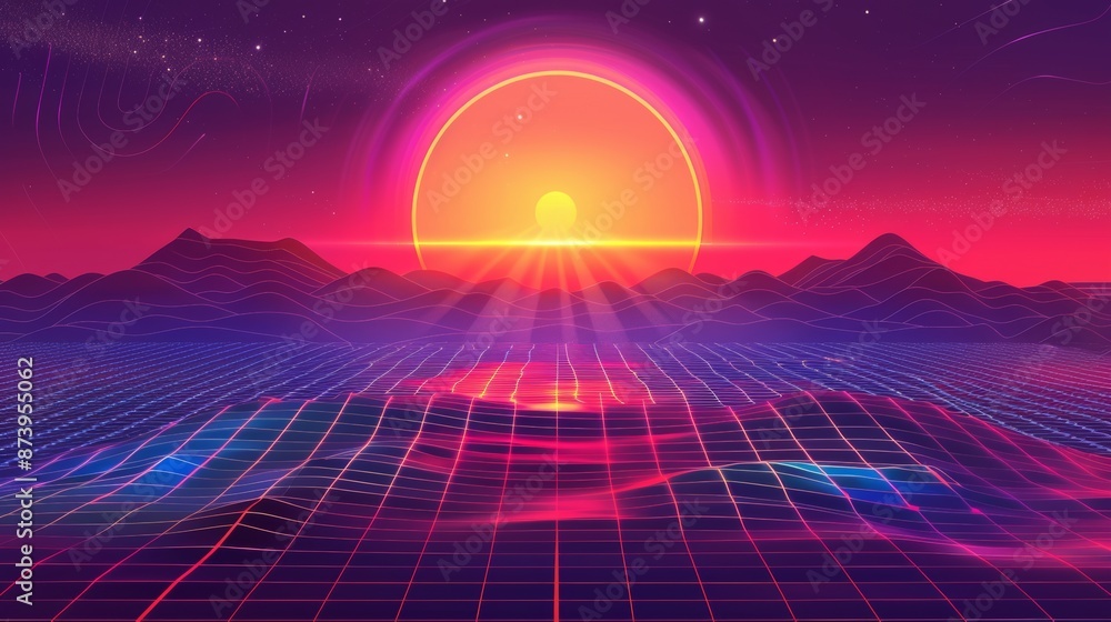 Poster 3d rendering of retro background in 80s style with sun and neon light grid.