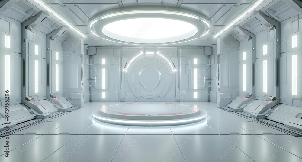 Poster concept rendering of futuristic interior with an empty stage. modern futuristic background. technolo