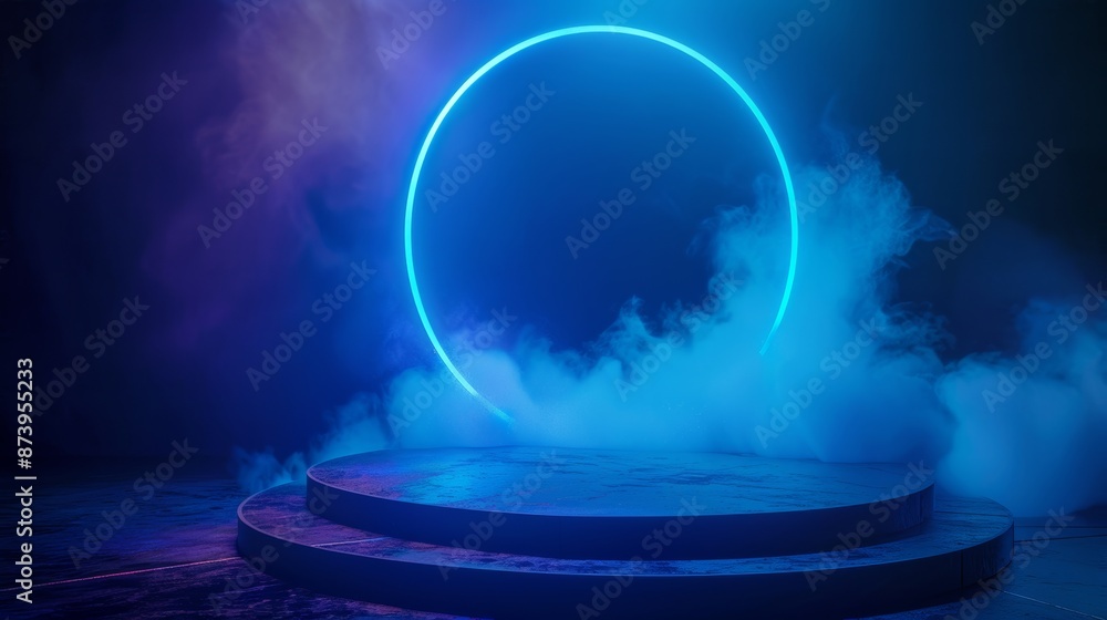 Poster rendering of sci fi mech circle shape pedestal with glowing led light and grunge dark fog and cloud 