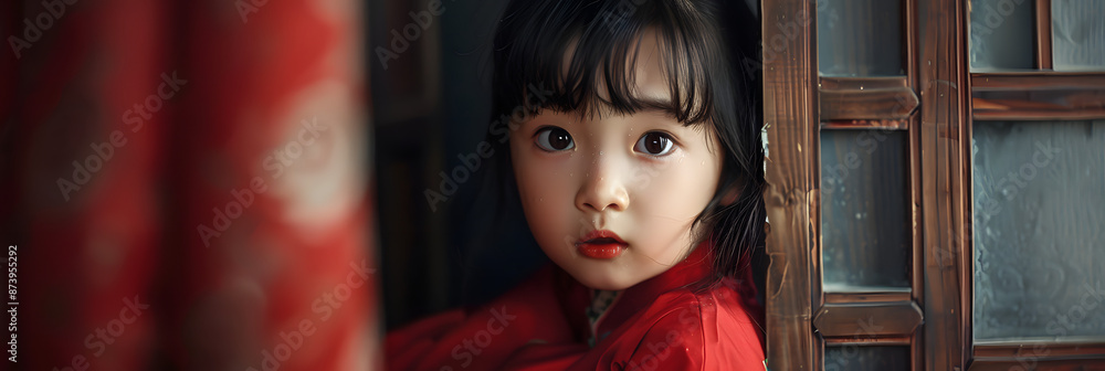 Sticker scared chinese little girl, hiding, indoor, red clothes