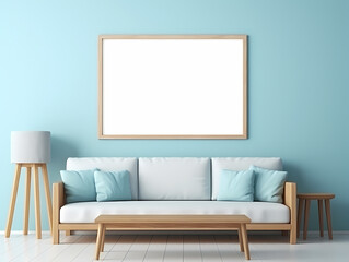 Modern living room with light blue accents, wooden furniture, and blank frame for customization.
