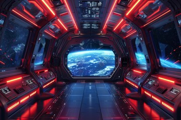 White spaceship interior with blue and red lights going off. futuristic spacecraft with huge windows and a control console for viewing planets in space. Stock photo.