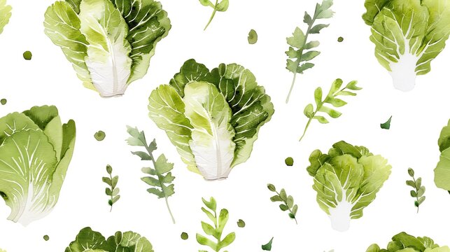Elegant watercolor pattern of hand-drawn lettuce in a seamless design