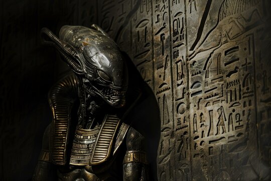 Dramatic image featuring a futuristic alien warrior contrasted with ancient egyptian carvings
