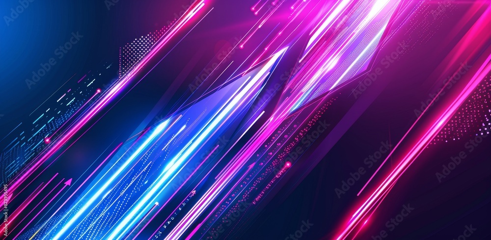 Poster background of unreal blue with neon rays, flashes of light, faces, and lines. abstract background of