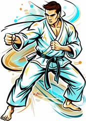 Intense Karate Action: Martial Artist Demonstrating Technique, perfect for use in martial arts tutorials, dojo promotional materials, fitness magazines, or sports psychology presentations.