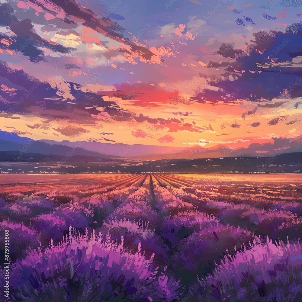 Sticker A painting of a field of lavender with a sunset in the background